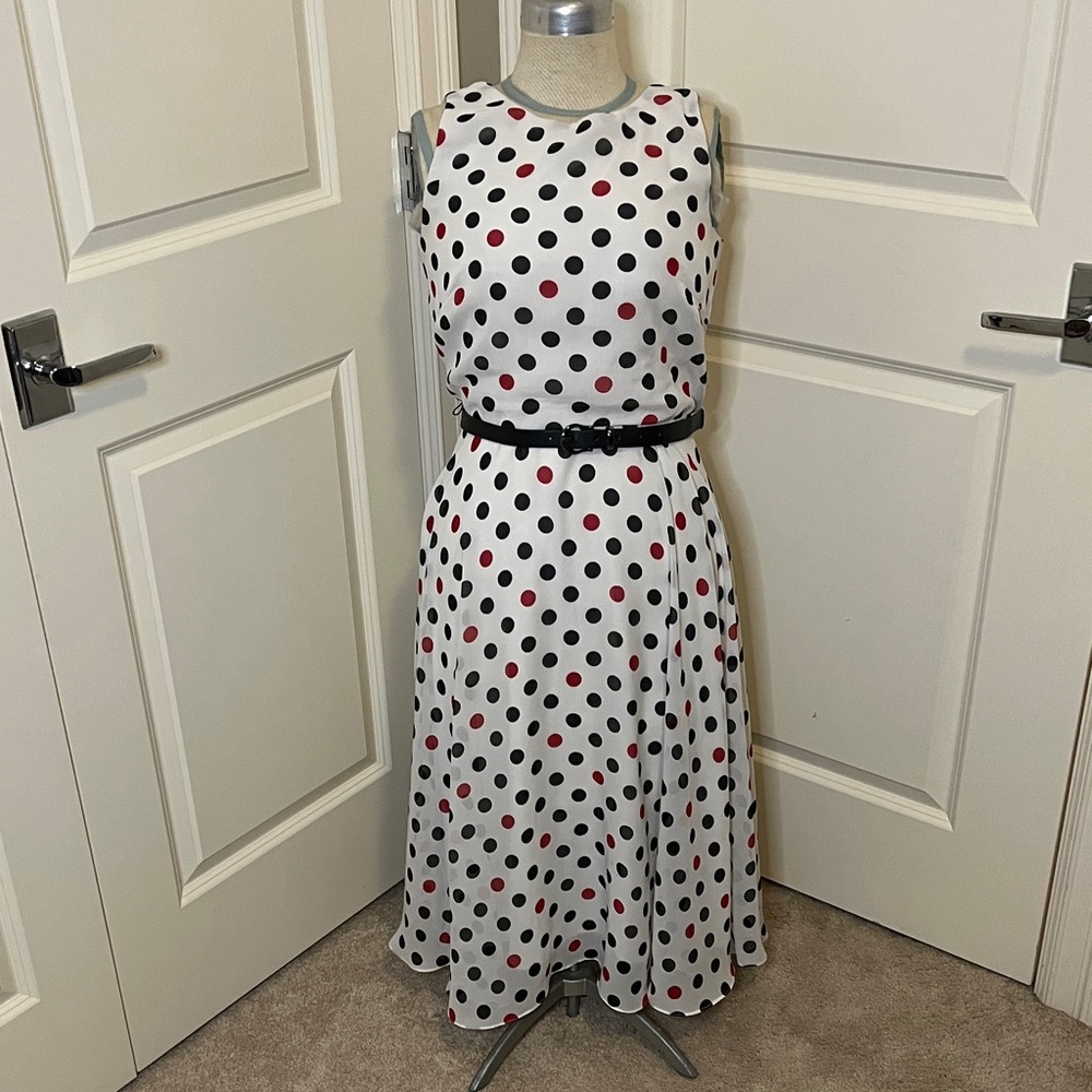 Elegant Polka Dot Midi Dress in White, Black and Red with Black Accent Belt